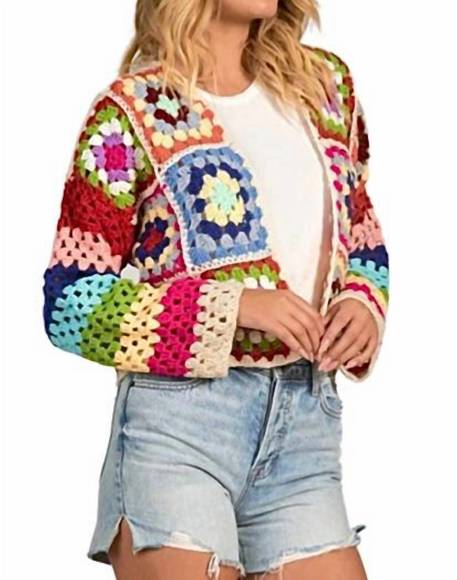 NEW ELAN crochet sweater cardigan in rainbow multi - Picture 2 of 5